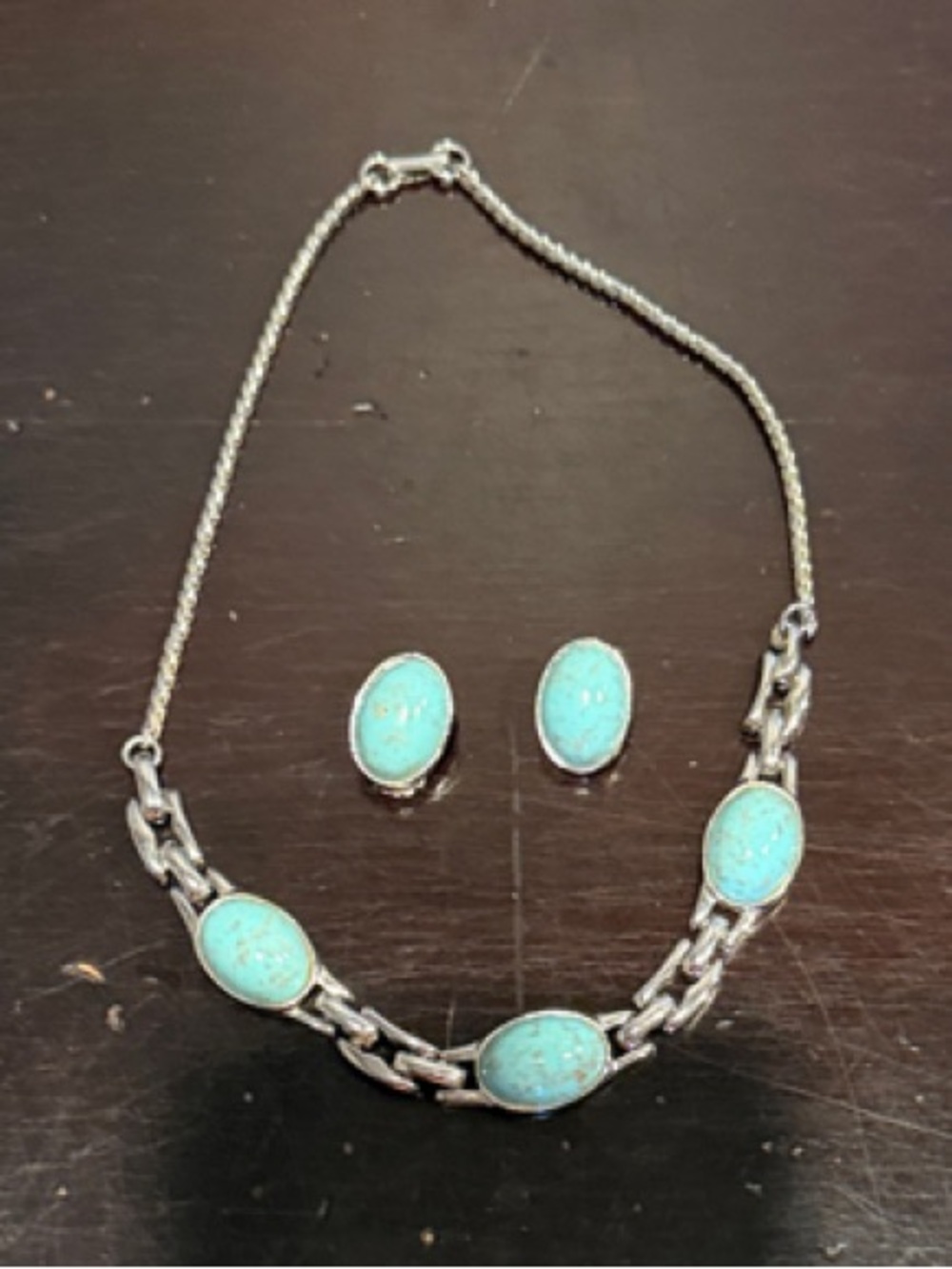 Turquoise Stone Silver Necklace and Earring Set